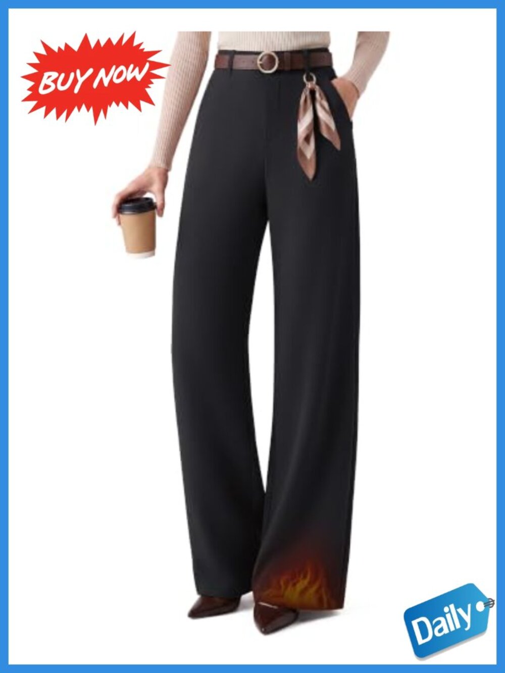 Fleece Lined Wide Leg Work Pants High Rise Pull On Thermal Womens